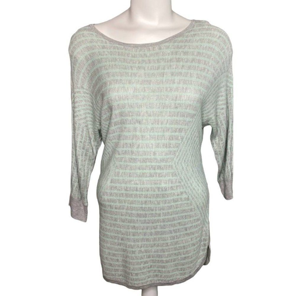 Dana Buchman Gray Green Stripe‎ Dolman Sleeve Round Hem Top Sz Medium